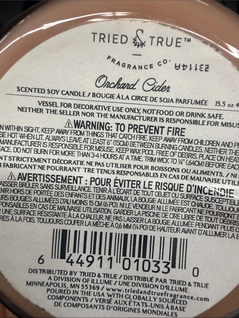New Tried and True Orchard Cider Scented Soy clean burn Candle 15.5 oz
